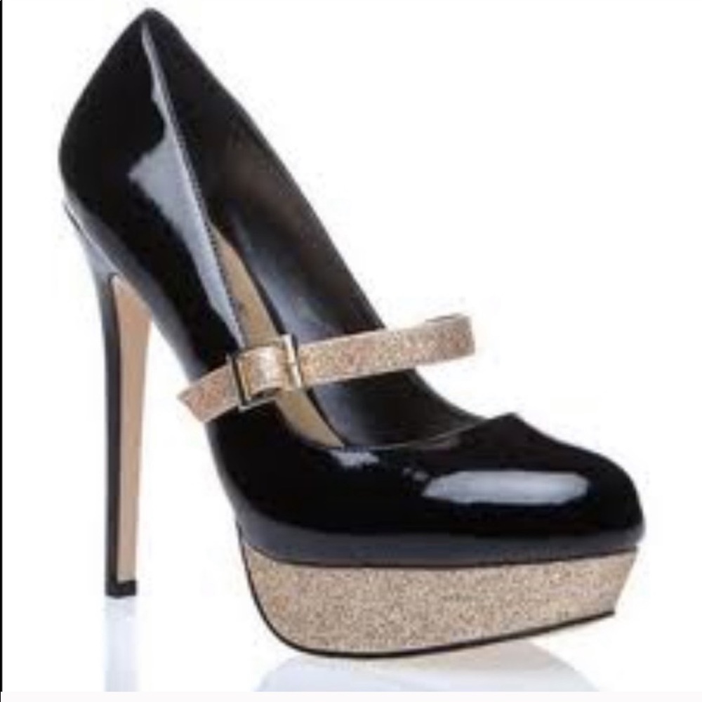 Shoe Dazzle “Akasha” Black & Gold Platform Heels
